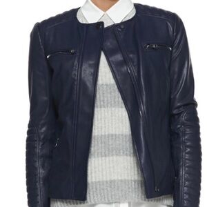 Vince. Navy Blue Quilted Lambskin Leather Moto Jacket XXS